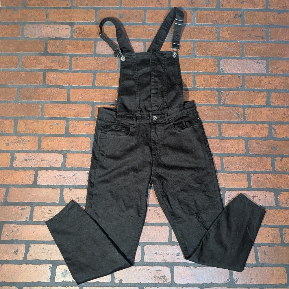Forever 21 Black Tapered Leg Distressed Cotton Overall